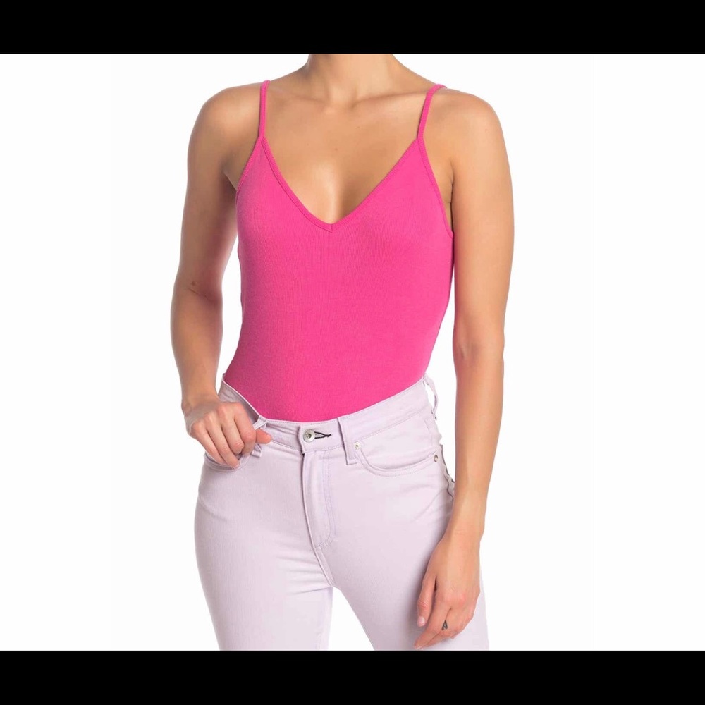 WOMENS LARGE PINK V-NECK RIBBED THONG BODYSUIT